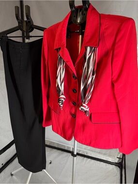 3 Pc Suit Studio Women Red & Black Pants Suit Set Blazer Lined Career Church 18